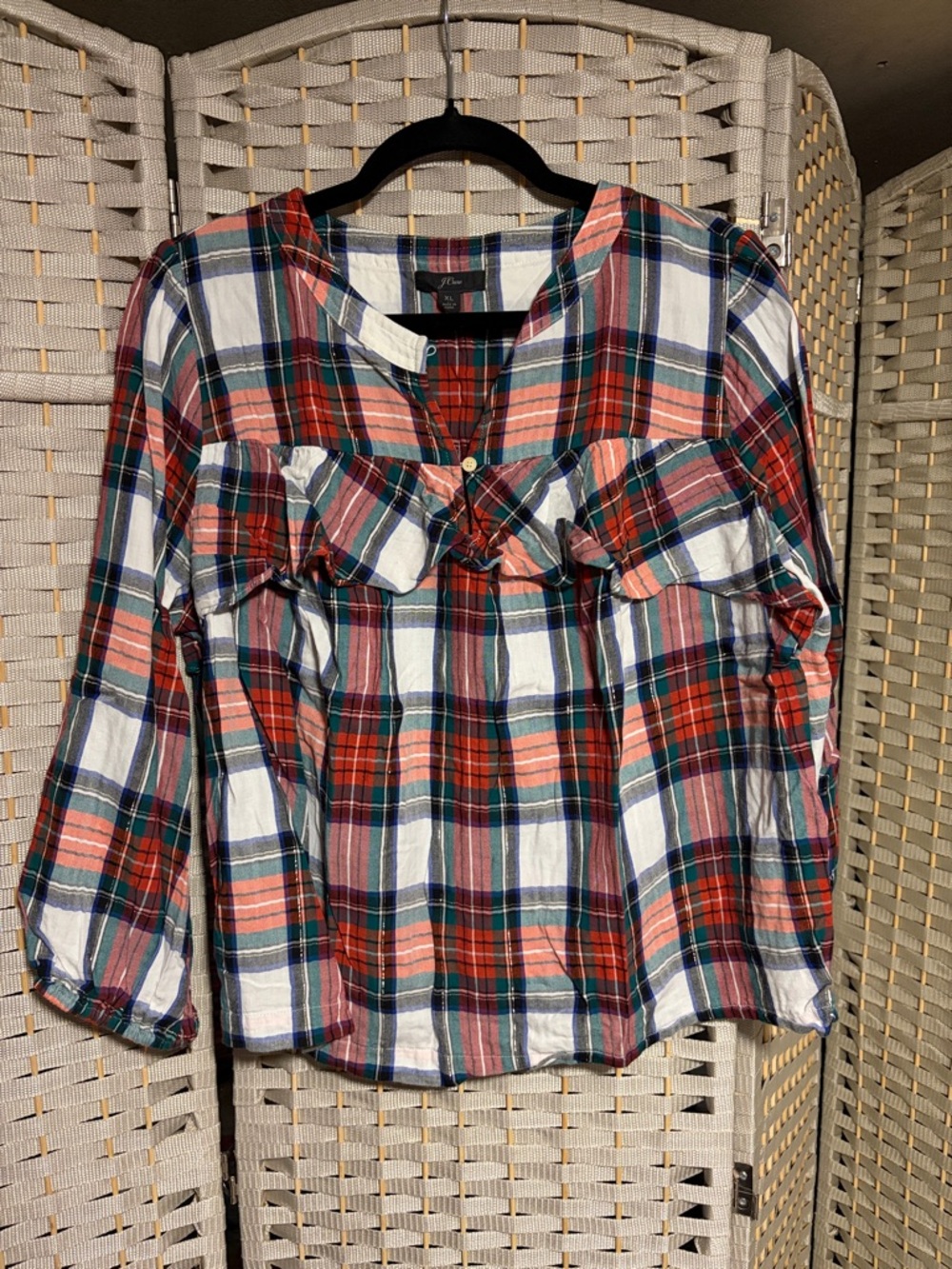 J. Crew Plaid Ruffle-Front Blouse in Red, Green & White